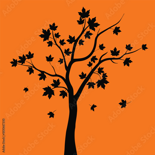 tree silhouette with falling maple leaves orange background vector design