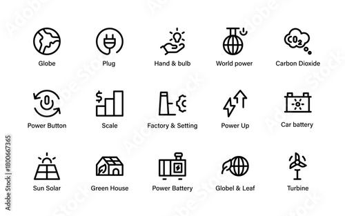Eco Renewable Energy Icons Collection. Sustainable Environmental, Renewable Power, Green Solutions and Solar Energy Resources and Clean Power Symbols.