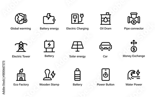 Eco Renewable Energy Icons Collection. Sustainable Environmental, Renewable Power, Green Solutions and Solar Energy Resources and Clean Power Symbols.