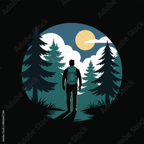 hiker carrying backpack on trail framed by pine trees