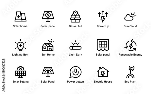 Eco Renewable Energy Icons Collection. Sustainable Environmental, Renewable Power, Green Solutions and Solar Energy Resources and Clean Power Symbols.
