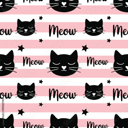 cat repeating pattern black cat face heart nose pink stripe meow design