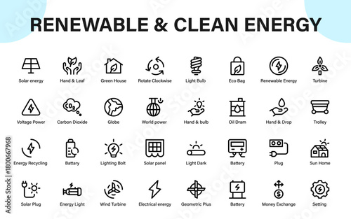 Renewable and Clean energy icons. featuring solar panels, wind turbines, lighting bolts, batteries, carbon drops, and power flow.
