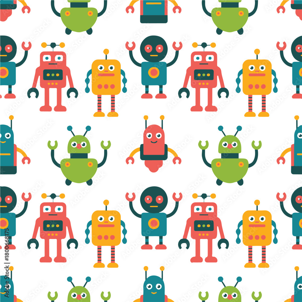 Obraz premium robot repeating vector pattern of colorful cartoon robots and aliens