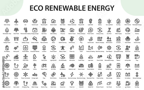 Eco Renewable Energy Icons Collection. Sustainable Environmental, Renewable Power, Green Solutions and Solar Energy Resources and Clean Power Symbols.