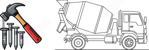 Cartoon Construction Tools with Outline Concrete Mixer Truck Illustration