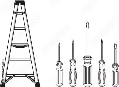 Vector Line Art Collection of Ladder and Screwdriver Hand Tools