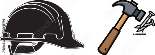 Flat Design Hard Hat and Construction Hand Tools Vector Illustration