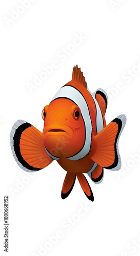 A bright orange and white striped clownfish with large, expressive eyes, swimming in clear water, a common marine species
