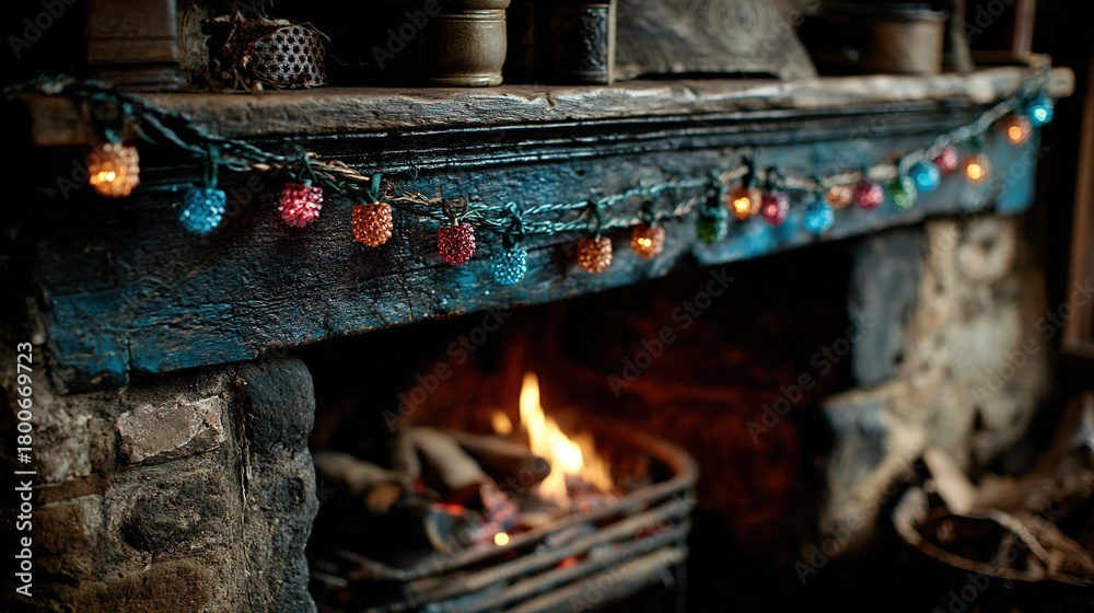 Naklejka premium Decorated fireplace with burning logs and festive lights in a rustic setting.