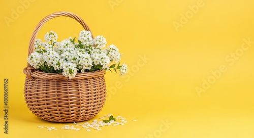 Delicate White Flowers in a Woven Basket Adorned with Petals on a Vibrant Yellow Background