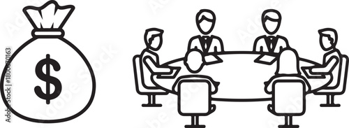 Minimalist Black Outline Icons: Money Bag and Business Meeting