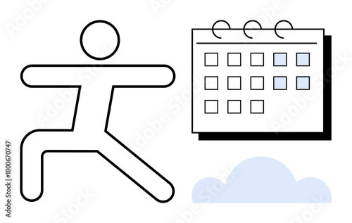 Stick figure in a yoga pose beside a marked calendar and cloud element. Ideal for wellness planning, fitness tracking, time management, mindfulness, scheduling, organization, simple flat metaphor