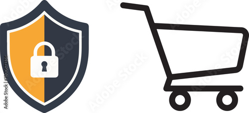 Minimalist Vector Icons: Secure Shopping Cart, Shield, and Padlock Symbols