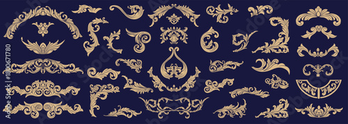 Vector set of Classical baroque vintage elements Decorative design. Gold Vintage flourish Decorations Elements. Baroque, arabesque, Damask, victorian, floral leaf pattern, Filigree elegant ornamental.