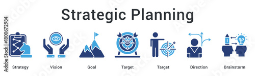 Strategic planning combining vision and goals with targeted direction through creative brainstorming sessions. icon sheet multiple style collection