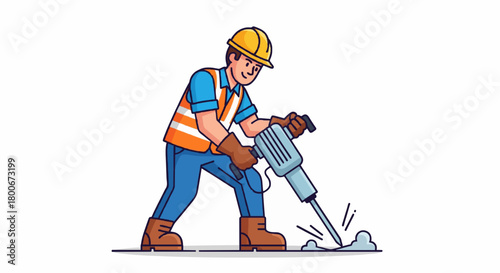 Cartoon construction worker operating jackhammer flat vector illustration.