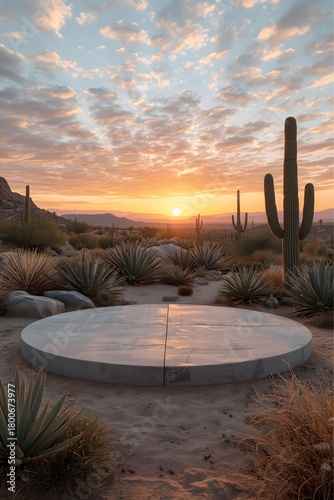 Minimalist circular platform set in a serene desert landscape at sunrise, surrounded by towering cacti and warm golden light, creating a peaceful natural scene ideal for product display or presentatio