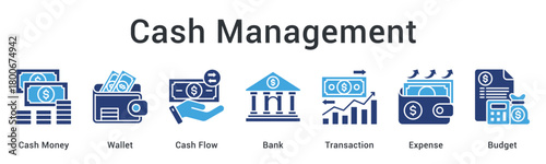 Cash management controlling money flow from wallet through bank transactions to expense budgeting efficiently.