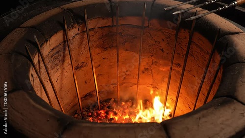 Tandoor oven with fire and skewers for cooking indian food
