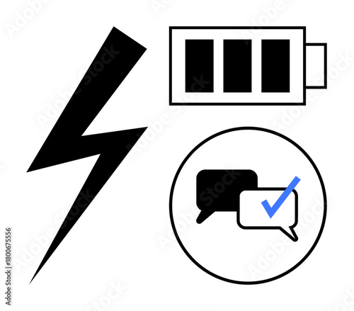 Lightning bolt, battery icon, and chat bubbles with a blue checkmark. Ideal for energy, power, communication, messaging, approval feedback or verification themes. Minimalist flat metaphor