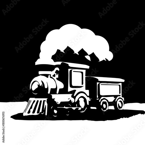 Vintage Steam Locomotive On Tracks Illustration.