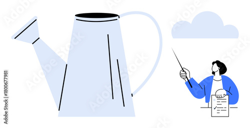 Large watering can beside educator holding paper and pointer under cloud, promoting ideas of nurturing, growth, education, sustainability, leadership, creativity, development. Simple flat metaphor