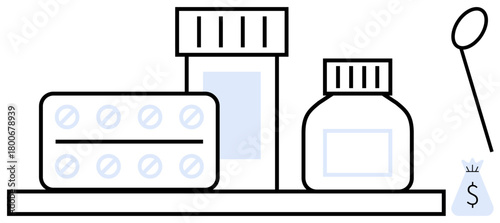 Pills, medicine bottles, syringe, and coin bag on shelf illustrating healthcare, pharmacy, prescription drugs, medication costs, and financial planning. Ideal for healthcare costs pharmacy wellness