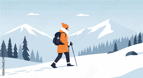 A captivating vector illustration of a solo hiker trekking across a serene, snowy mountain landscape. The adventurer, wearing an orange jacket, uses trekking poles and a backpack