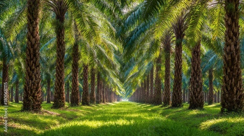 Palm trees in a neatly arranged plantation.