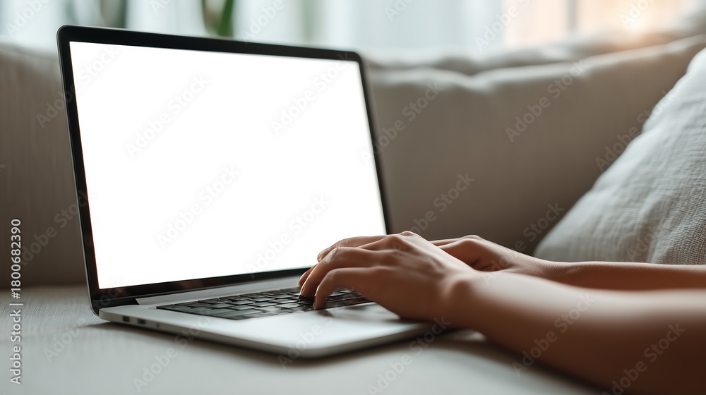 Fototapeta premium Work remotely with blank screen laptop at home today