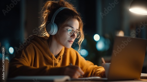 Focused student studying late with laptop and headphones