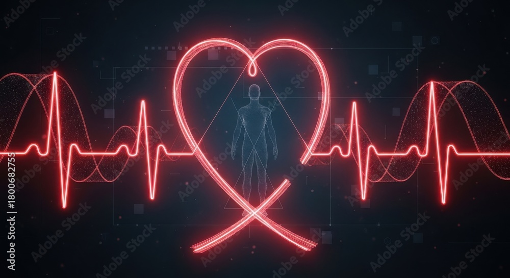 Obraz premium Digital heart with human silhouette and electrocardiogram, representing health and life