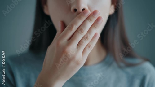 A person covering their mouth with their hand, expressing surprise or silence.