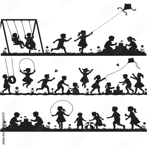 Vector collection of three horizontal silhouette borders with happy children playing outdoors. Kids run, jump rope, build sandcastles and fly a kite on a playground. Isolated design on white backdrop.