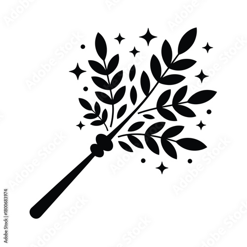 Magical wand with leaves and sparkling stars