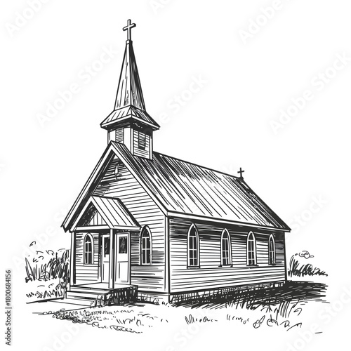 Rustic wooden church with steeple and cross detailed sketch