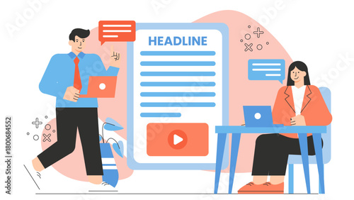 Business People Writing Company Newsletter Flat Vector Illustration