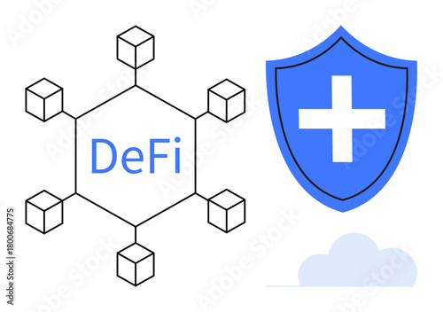 DeFi network represented by interconnected cubes and shield with a cross symbol. Emphasizes security, blockchain, fintech, innovation, connectivity, safety, and decentralization in a simple flat