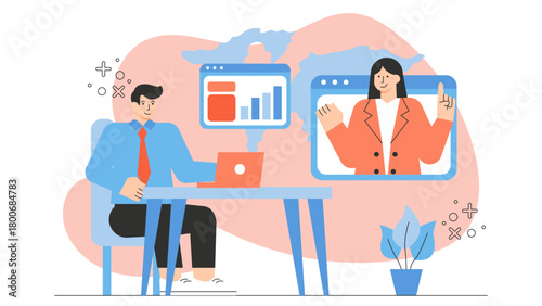 Virtual Office with Remote Workers Flat Vector Illustration