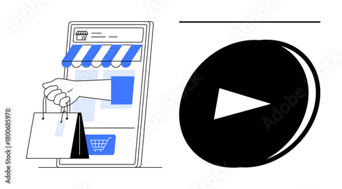 Smartphone storefront with awning and shopping bags in hand, large circular play button. Ideal for e-commerce, retail, video marketing, technology, virtual shopping, media, and content creation