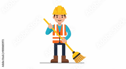 Cartoon construction worker sweeping the floor flat vector illustration.