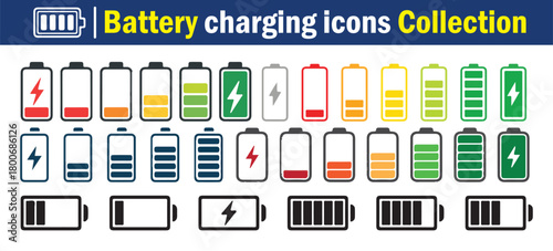 Battery icons set. Batery level, energy, full. Power low up status batteries logo. Vector illustration