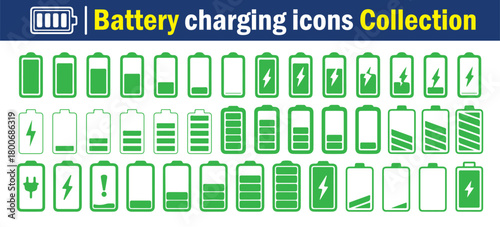 Battery symbol icon set, battery low , charging battery and high charge. Charging icon. Vector illustration 