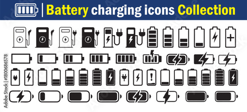 Battery icon. Battery and Power Icon Set. Minimalist icon pack showing full range of battery states. Vector illustration 