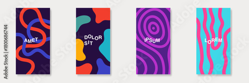 Vibrant cover designs, Abstract poster featuring organic shapes, winding lines, intertwined curved lines in pink and orange flowing over a deep navy background, tangled, energetic wave pattern.