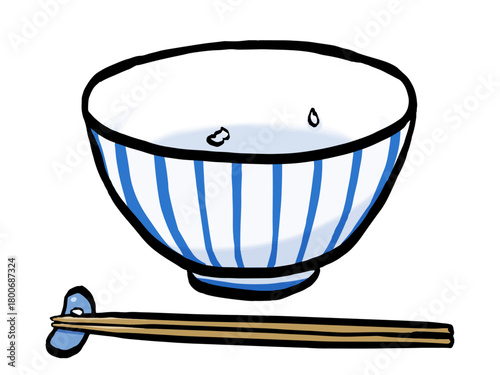 ごはんを食べ残したイラスト （筆タッチ） シンプル 朝食 / Rice Bowl with Leftover Grains and Chopsticks