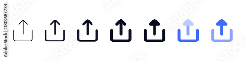 Minimal upload arrow icon set, upward arrow inside a container showing multiple outline and filled styles, featuring clean rounded corners and simple directional shapes suitable for UI and apps.