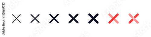Cancel icon set, Close or Delete icons showing multiple cross/X mark styles in outline and solid variations, designed for error actions, closing elements, and modern interface controls.