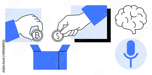 Hands placing currency into a box, accompanied by a brain and microphone icon. Ideal for finance, charity, technology, crowdfunding, innovation, communication, education simple flat metaphor